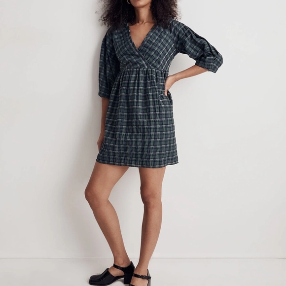 Madewell Marianna Puff Sleeve Mini Dress in Plaid-Forest - NWOT - Size XL - Picture 1 of 11